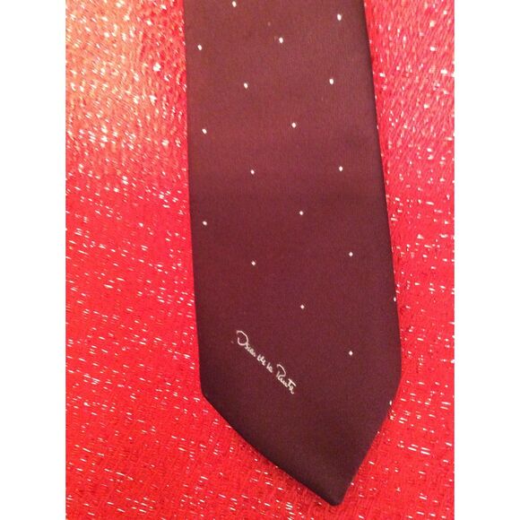 Oscar de la Renta Burgandy silk tie Polka dots signature 56" - Picture 1 of 5
